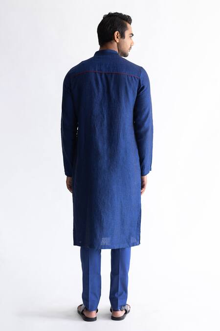 Shop_Kaha_Blue Linen Solid Front-open Kurta_at_Aza_Fashions