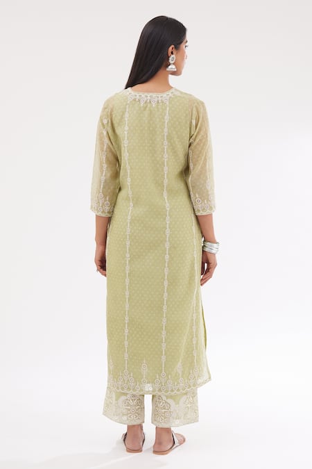 Shop Kora Green Cotton, Chanderi Sequins, Embroidery Round Block Print Straight Kurta Set at Aza Fashions Shop_Kora_Green Cotton, Chanderi Sequins, Embroidery Round Block Print Straight Kurta Set _at_Aza_Fashions