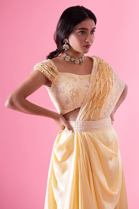Shop PIRI INDIA Yellow Silk, Chanderi, Organza Sequins, Beads, Pre-draped Saree With Crop Top at Aza Fashions Shop_PIRI INDIA_Yellow Silk, Chanderi, Organza Sequins, Beads, Pre-draped Saree With Crop Top _at_Aza_Fashions
