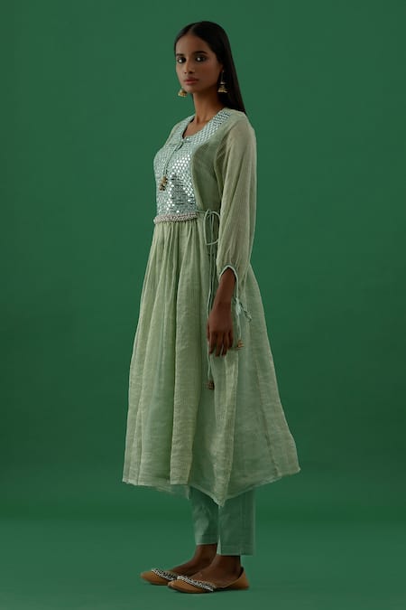 Shop 5elements Green Chanderi Silk Tissue Embellishment Mirror And Work Anarkali & Pant Set at Aza Fashions Shop_5elements_Green Chanderi Silk Tissue Embellishment Mirror And Work Anarkali & Pant Set _at_Aza_Fashions