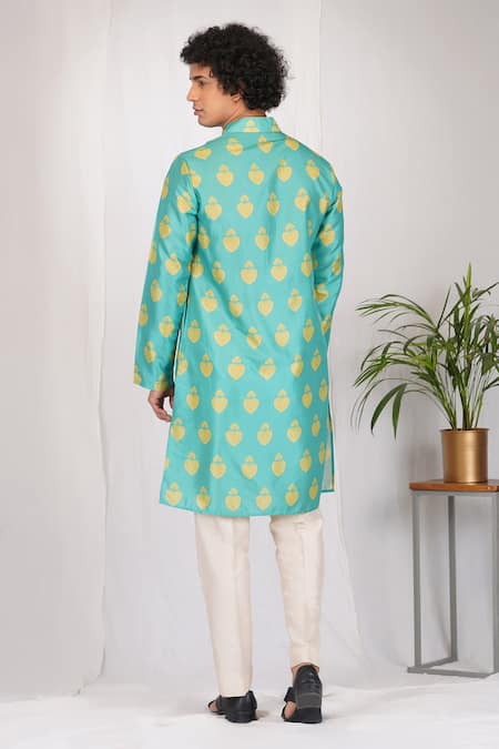 Shop Eleven Brothers Green Muslin, Cotton, Silk Inverted Ace Print Kurta And Pant Set at Aza Fashions Shop_Eleven Brothers_Green Muslin, Cotton, Silk Inverted Ace Print Kurta And Pant Set _at_Aza_Fashions