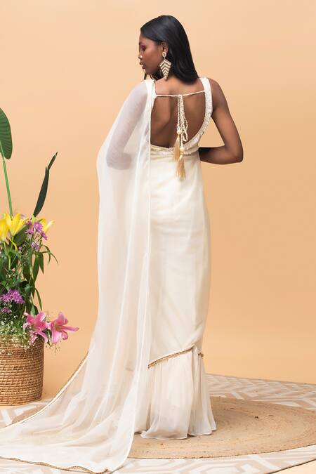 Shop Rishi and Vibhuti Ivory Organza, Cotton Embroidery Carly Fringe Border Saree at Aza Fashions Shop_Rishi and Vibhuti_Ivory Organza, Cotton Embroidery Carly Fringe Border Saree _at_Aza_Fashions