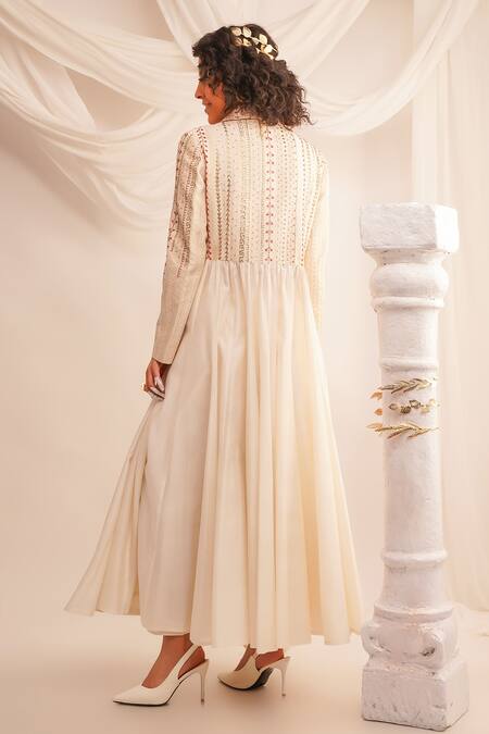 Shop Jajaabor Ivory Silk Chanderi Embroidery Chevron Notched Textured Anarkali And Pant Set at Aza Fashions Shop_Jajaabor_Ivory Silk Chanderi Embroidery Chevron Notched Textured Anarkali And Pant Set _at_Aza_Fashions