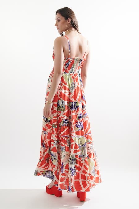 Shop Cin Cin Red Silk Round Neck Liana Printed Dress at Aza Fashions Shop_Cin Cin_Red Silk Round Neck Liana Printed Dress _at_Aza_Fashions