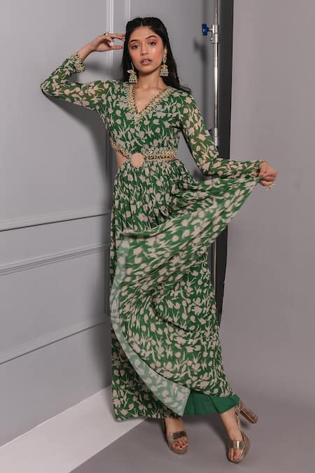 Ria Shah Label Floral Print Cut-Out Anarkali Dress 