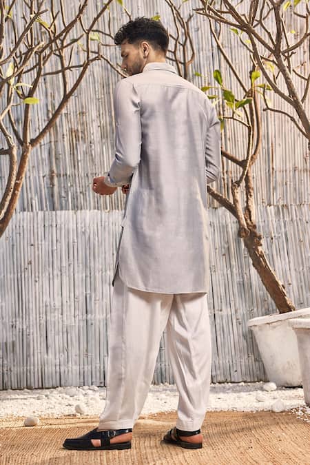 Shop Charkhee Grey Chanderi, Satin, Full Sleeve Pathani Kurta And Salwar Set at Aza Fashions Shop_Charkhee_Grey Chanderi, Satin, Full Sleeve Pathani Kurta And Salwar Set _at_Aza_Fashions
