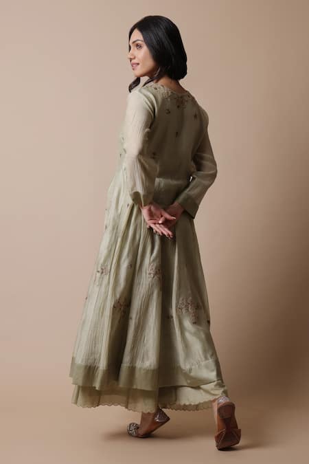 Shop_Rhua_Green Silk, Muslin, Embroidery, Afra Flower Vine Anarkali Set _at_Aza_Fashions