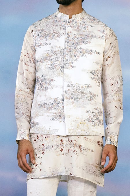 Shop Rohit Gandhi + Rahul Khanna Multi Color Satin, Viscose, Chanderi Embroidery Floral Pattern Bundi And Kurta Set at Aza Fashions Shop_Rohit Gandhi + Rahul Khanna_Multi Color Satin, Viscose, Chanderi Embroidery Floral Pattern Bundi And Kurta Set _at_Aza_Fashions