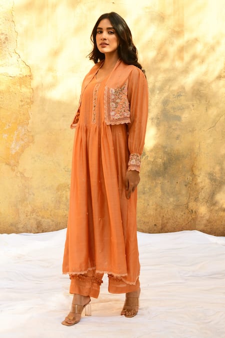 Shop Label Niti Bothra Peach Silk, Organza Pearls, Beads Floret Embroidered Jacket Kurta And Palazzo Set at Aza Fashions Shop_Label Niti Bothra_Peach Silk, Organza Pearls, Beads Floret Embroidered Jacket Kurta And Palazzo Set _at_Aza_Fashions