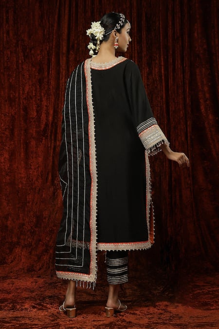 Shop Shikhar Sharma Black Silk Chanderi Embroidered Pearl Round Neck Kurta Pant Set at Aza Fashions Shop_Shikhar Sharma_Black Silk Chanderi Embroidered Pearl Round Neck Kurta Pant Set _at_Aza_Fashions