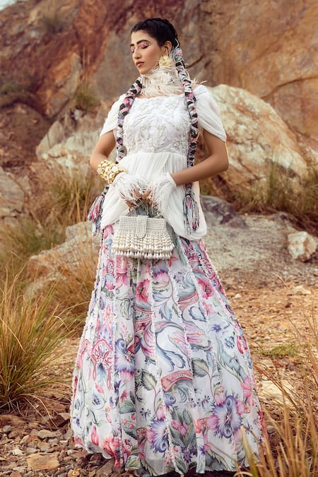 Shop Akanksha Mago Multi Color Georgette Pearls, Sequins, Peplum Top And Gathered Skirt Set at Aza Fashions Shop_Akanksha Mago_Multi Color Georgette Pearls, Sequins, Peplum Top And Gathered Skirt Set _at_Aza_Fashions