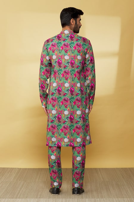 Shop MR. Ajay Kumar Green Linen Printed Floral Kurta And Pant Set at Aza Fashions Shop_MR. Ajay Kumar_Green Linen Printed Floral Kurta And Pant Set _at_Aza_Fashions
