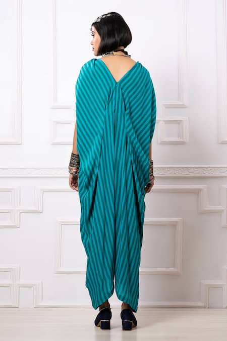 Shop_Megha Garg_Green Embroidery V-neck Printed Drape Kaftan Jumpsuit _at_Aza_Fashions