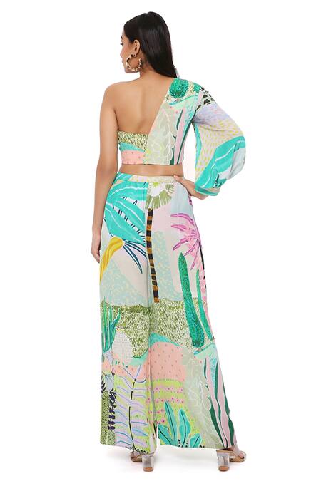 PS Pret By Payal Singhal_Green Crepe Printed Tropical Asymmetric Top And Palazzo Set _Online_at_Aza_Fashions