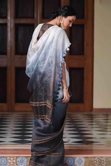 Shop Dressfolk Black Silk, Linen Tassels Ombre Saree With Running Blouse at Aza Fashions Shop_Dressfolk_Black Silk, Linen Tassels Ombre Saree With Running Blouse_at_Aza_Fashions