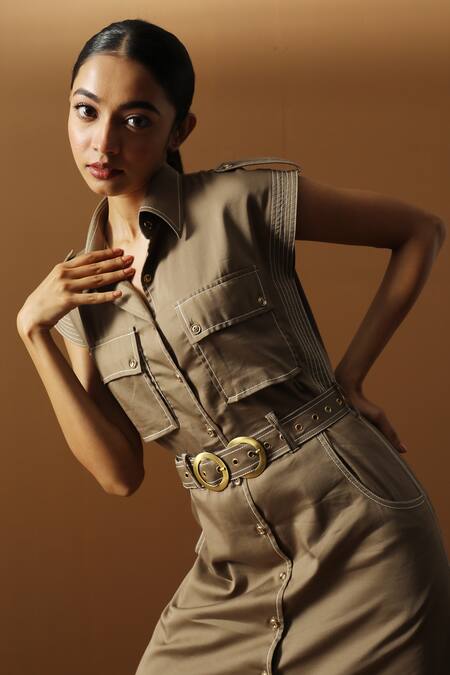 Shop Veera Wear Beige Cotton Collared Solid Midi Dress With Belt at Aza Fashions Shop_Veera Wear_Beige Cotton Collared Solid Midi Dress With Belt _at_Aza_Fashions