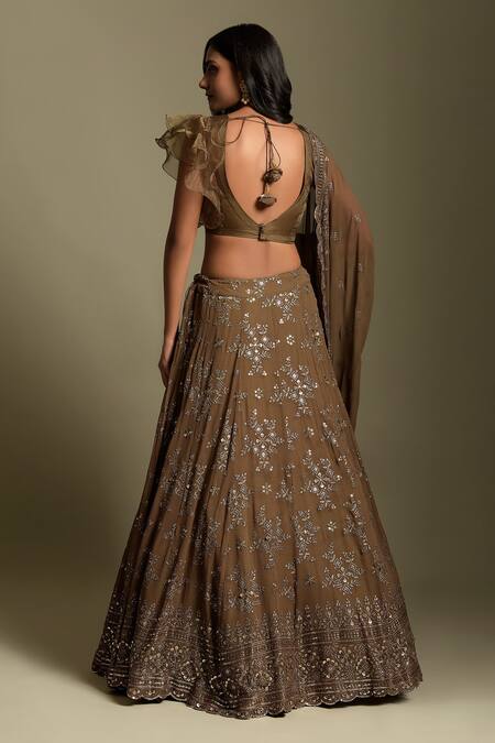 Shop Two Sisters By Gyans Brown Georgette, Blouse Organza Sequin And Resham Thread Embroidered Lehenga Set at Aza Fashions Shop_Two Sisters By Gyans_Brown Georgette, Blouse Organza Sequin And Resham Thread Embroidered Lehenga Set_at_Aza_Fashions