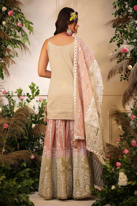 Shop Bairaas Peach Mulmul Print Khari Round Neck Mirror And Gota Work Kurta Sharara Set at Aza Fashions Shop_Bairaas_Peach Mulmul Print Khari Round Neck Mirror And Gota Work Kurta Sharara Set_at_Aza_Fashions