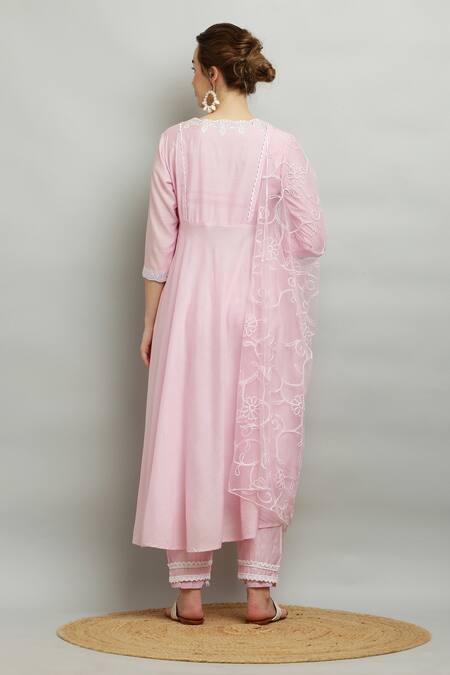 Shop Kefi Collections Pink Cotton, Chanderi, Net Embroidery, Lace Aakarshi Anarkali Set With Dupatta at Aza Fashions Shop_Kefi Collections_Pink Cotton, Chanderi, Net Embroidery, Lace Aakarshi Anarkali Set With Dupatta_at_Aza_Fashions