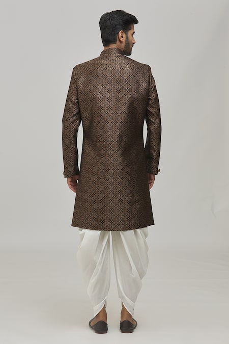 Shop_Arihant Rai Sinha_Brown Jacquard, Silk, Cotton Embroidery Woven Floral Pattern Sherwani Set _at_Aza_Fashions