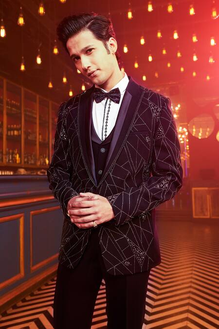 Shop Kora By Nilesh Mitesh Blue Silk Embellished Abstract Patterns Navy Tuxedo Set at Aza Fashions Shop_Kora By Nilesh Mitesh_Blue Silk Embellished Abstract Patterns Navy Tuxedo Set_at_Aza_Fashions