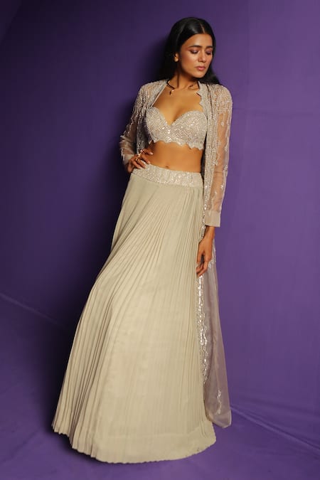 Shop_Rishi And Soujit_Beige Organza, Georgette Sequins, Pearls, Cut Embroidered Jacket Lehenga Set _at_Aza_Fashions