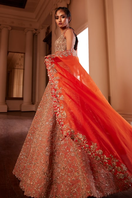 Shop Mrunalini Rao Orange Silk, Organza Embroidery, Sequins, Zari Cowl Lilette Bridal Lehenga Set at Aza Fashions Shop_Mrunalini Rao_Orange Silk, Organza Embroidery, Sequins, Zari Cowl Lilette Bridal Lehenga Set _at_Aza_Fashions