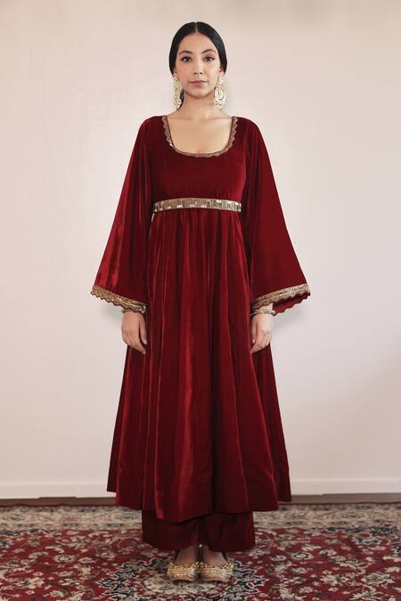 Shop Shrutkirti Red Silk, Velvet Tassels, Embroidery Round Neck Anarkali Palazzo Set at Aza Fashions Shop_Shrutkirti_Red Silk, Velvet Tassels, Embroidery Round Neck Anarkali Palazzo Set_at_Aza_Fashions