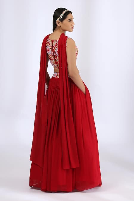 Shop_Neha Gursahani_Red Cotton, Georgette, Lining Satin Floral Embroidered Blouse With Lehenga Set _at_Aza_Fashions