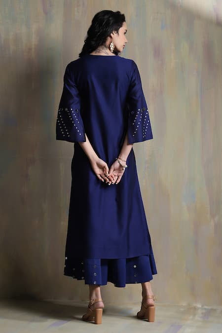 Shop_Charkhee_Blue Chanderi, Cotton Mirrors V-neck Work Kurta Palazzo Set _at_Aza_Fashions