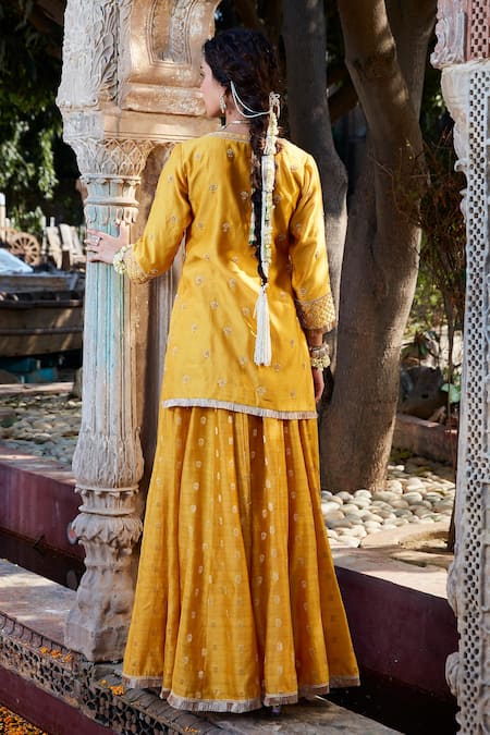 Shop_Kritika Dawar_Yellow Chanderi, Tissue Pearls, Zari, Embroidery Split V-neck Kurta Sharara Set _at_Aza_Fashions