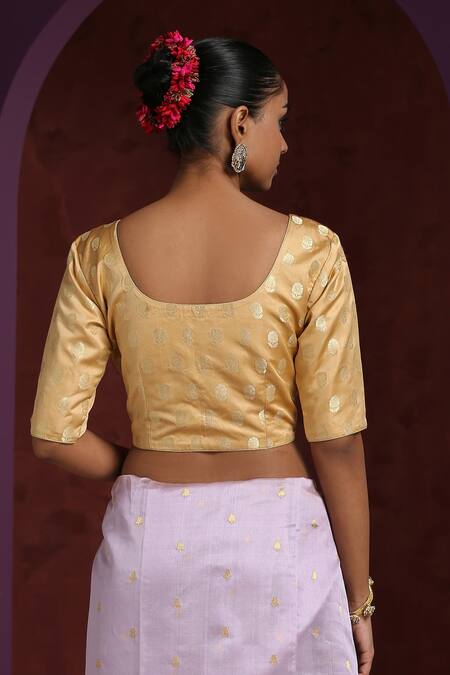 Shop Weaver Story Gold Satin, Silk Embroidery Scoop Neck Blouse at Aza Fashions Shop_Weaver Story_Gold Satin, Silk Embroidery Scoop Neck Blouse_at_Aza_Fashions