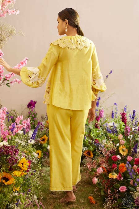 Shop Chandrima Yellow Chanderi Embroidery Polo Collar Lotus Cut Work Shirt at Aza Fashions Shop_Chandrima_Yellow Chanderi Embroidery Polo Collar Lotus Cut Work Shirt _at_Aza_Fashions