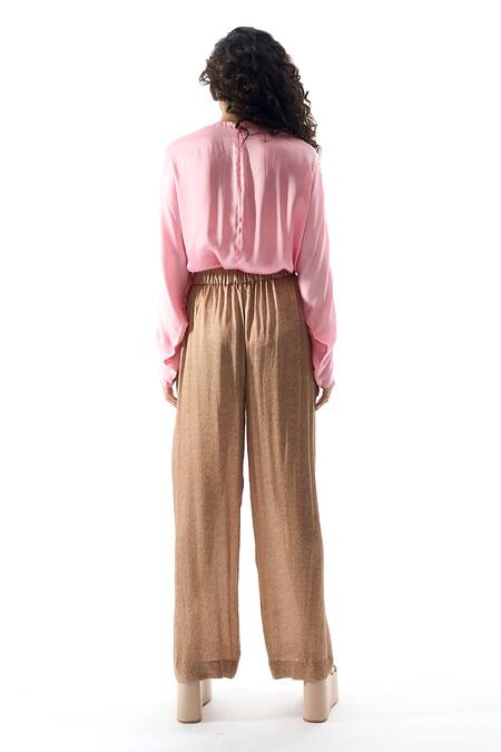 Shop Aroka Pink Modal Satin Plain Draped Neck Blouse at Aza Fashions Shop_Aroka_Pink Modal Satin Plain Draped Neck Blouse _at_Aza_Fashions