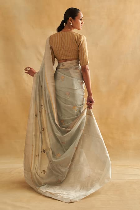 Shop Taisha Gold Tissue, Satin Zari, Piping Blue Pattu Silk Tree Of Life Woven Saree Set at Aza Fashions Shop_Taisha_Gold Tissue, Satin Zari, Piping Blue Pattu Silk Tree Of Life Woven Saree Set _at_Aza_Fashions