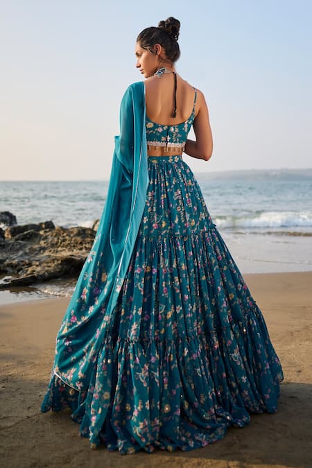 Buy Blue Georgette Print Floral And Kingfisher Bird Tiered Lehenga