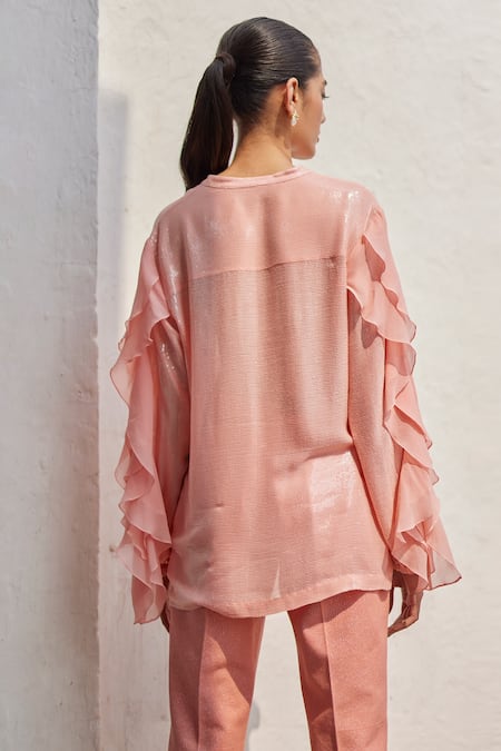 Shop Betrue Peach Georgette Tassels Open Neck Solid Ruffled Sleeve Shirt at Aza Fashions Shop_Betrue_Peach Georgette Tassels Open Neck Solid Ruffled Sleeve Shirt _at_Aza_Fashions