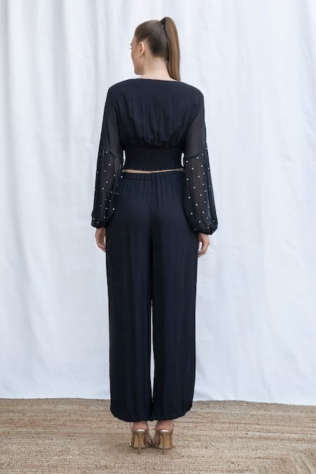 Shop Amrta By Guneet Kondal Black Viscose Sequins V-neck Riviera Embroidered Top And Pant Set at Aza Fashions Shop_Amrta By Guneet Kondal_Black Viscose Sequins V-neck Riviera Embroidered Top And Pant Set _at_Aza_Fashions