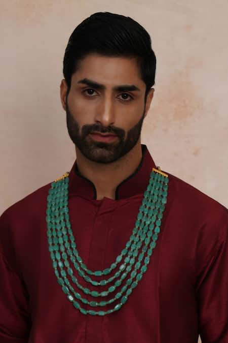 Shop Ruby Raang Green Handcrafted Bead And Pearl Layered Necklace at Aza Fashions Shop_Ruby Raang_Green Handcrafted Bead And Pearl Layered Necklace _at_Aza_Fashions