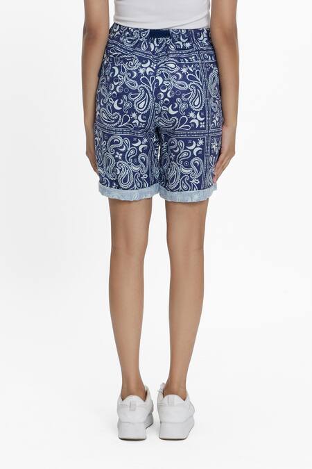 Shop Terra Luna Blue Linen Print Paisley Shorts at Aza Fashions Shop_Terra Luna_Blue Linen Print Paisley Shorts_at_Aza_Fashions
