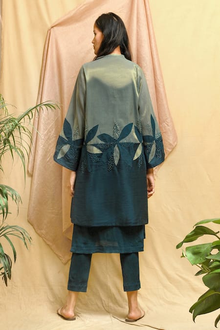 Shop Chambray & CO. Green Chanderi, Tissue, Silk Embroidery V-neck Applique Jacket Set at Aza Fashions Shop_Chambray & CO._Green Chanderi, Tissue, Silk Embroidery V-neck Applique Jacket Set _at_Aza_Fashions