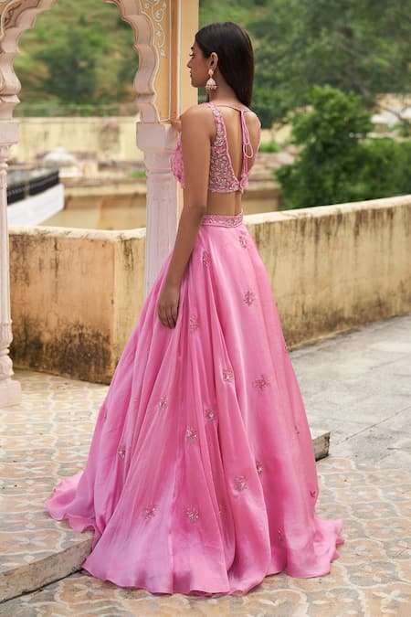Shop_Zoon_Pink Net, Silk Organza, Satin Crystals, Placement Embroidered Lehenga Set _at_Aza_Fashions