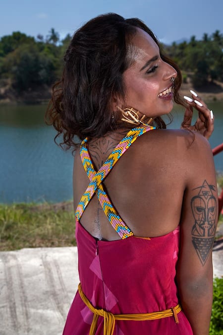 Shop Babita Malkani Pink Crepe Beads V-neck Triangle Print Jumpsuit at Aza Fashions Shop_Babita Malkani_Pink Crepe Beads V-neck Triangle Print Jumpsuit _at_Aza_Fashions