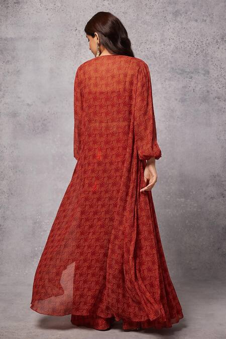 Shop_Senren By Eshana Raut_Red Blouse Crepe Print Swirl Line Bodysuit Plunging V Neck Cape And Sharara Set _at_Aza_Fashions