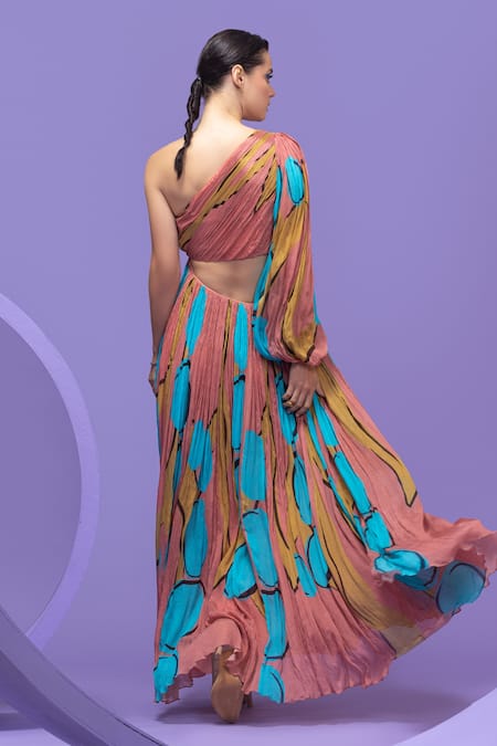 Nautanky Artistic Print One-Shoulder Crinkled Gown 