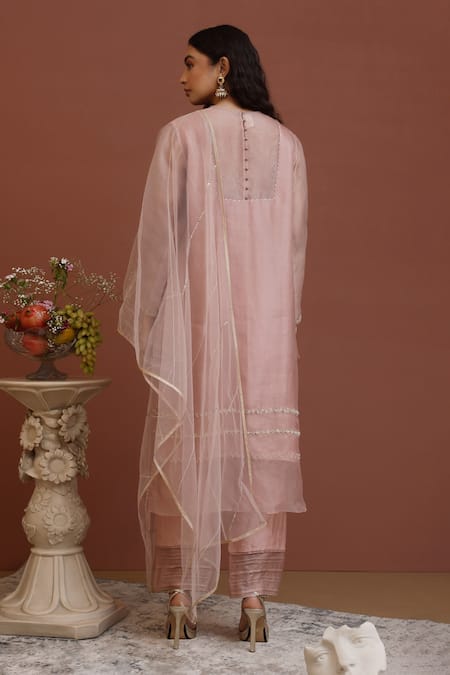 Shop Neha Poddar Pink Kurta Organza Embroidery Dori Round Floral Pant Set at Aza Fashions Shop_Neha Poddar_Pink Kurta Organza Embroidery Dori Round Floral Pant Set _at_Aza_Fashions