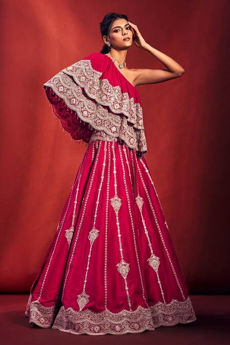 Shop Stotram Fuchsia Lehenga Dupion Silk Embroidered Marodi Work One Shoulder And Blouse Set at Aza Fashions Shop_Stotram_Fuchsia Lehenga Dupion Silk Embroidered Marodi Work One Shoulder And Blouse Set_at_Aza_Fashions