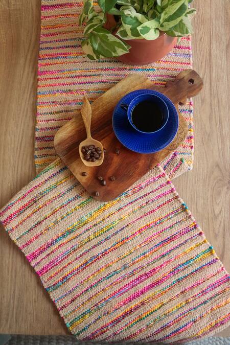 Shop The Kargha Story Multi Color Viscose Chenille And Ombre Dyed Roving Playful Plethora Table Runner at Aza Fashions Shop_The Kargha Story_Multi Color Viscose Chenille And Ombre Dyed Roving Playful Plethora Table Runner_at_Aza_Fashions