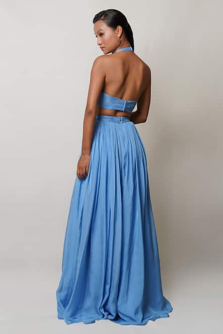 Shop Pinup By Astha Blue Chiffon, Crepe Halter Neck Criss Cross Waist Cutout Gown at Aza Fashions Shop_Pinup By Astha_Blue Chiffon, Crepe Halter Neck Criss Cross Waist Cutout Gown _at_Aza_Fashions