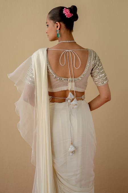 Mint Blush Ruffled & Pre-Stitched Saree With Embroidered Blouse 